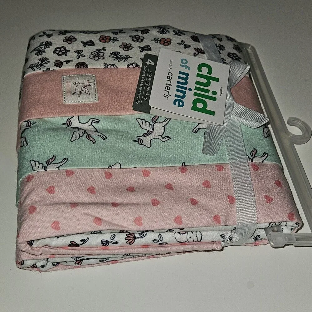 NEW Carter's Child of Mine 4 Receiving Blanket Lot Pink Flower Owl Unicorn Heart